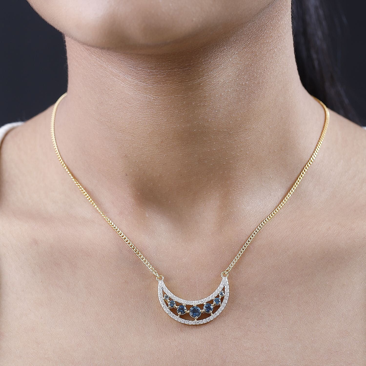 London Blue Topaz and Moissanite Celestial Crescent Moon Necklace 18 Inches in Vermeil Yellow Gold Over Sterling Silver 2.70 ctw