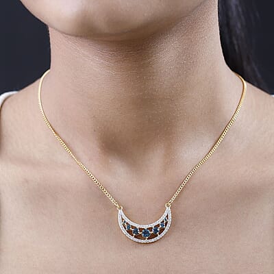 London Blue Topaz and Moissanite Celestial Crescent Moon Necklace 18 Inches in Vermeil Yellow Gold Over Sterling Silver 2.70 ctw