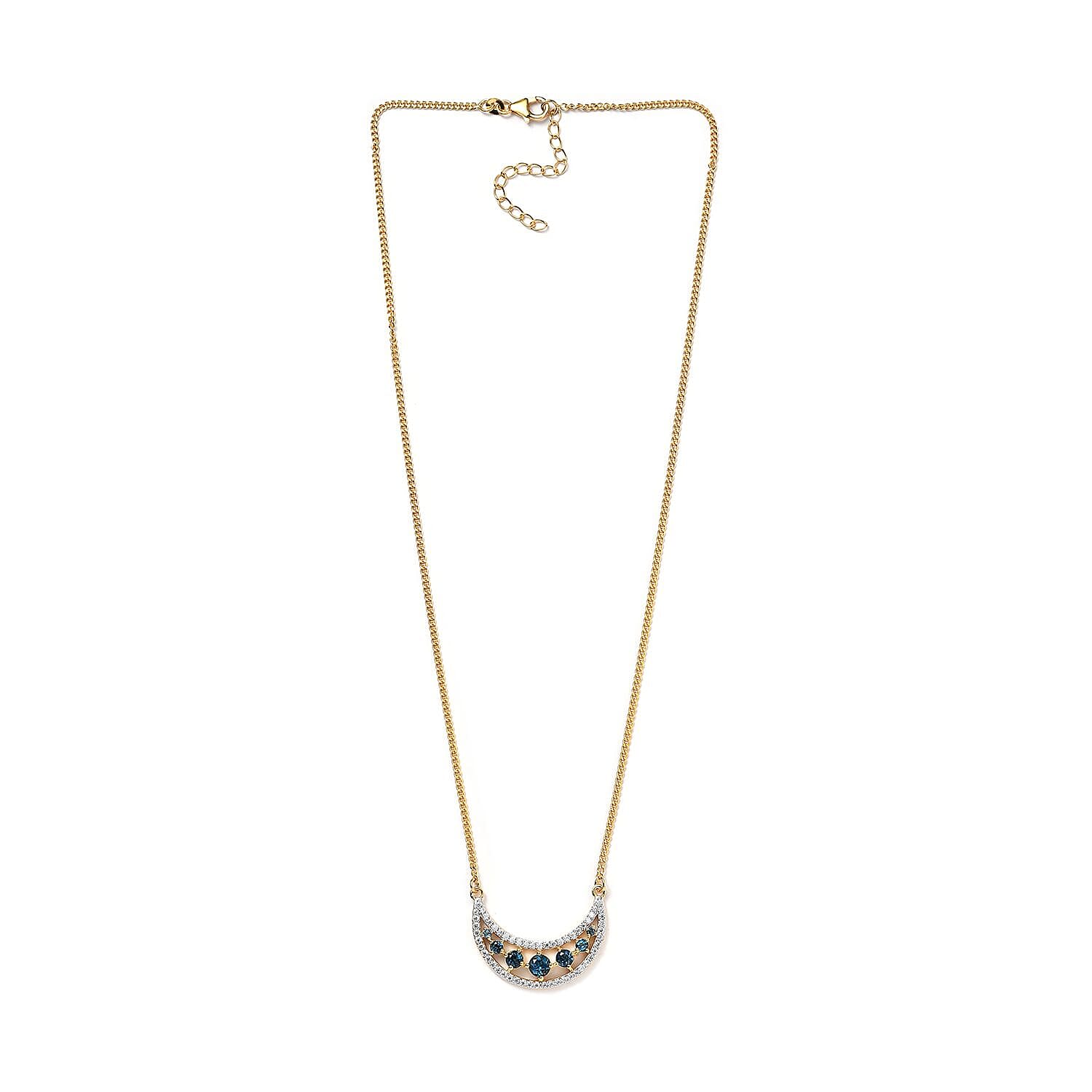 London Blue Topaz and Moissanite Celestial Crescent Moon Necklace 18 Inches in Vermeil Yellow Gold Over Sterling Silver 2.70 ctw