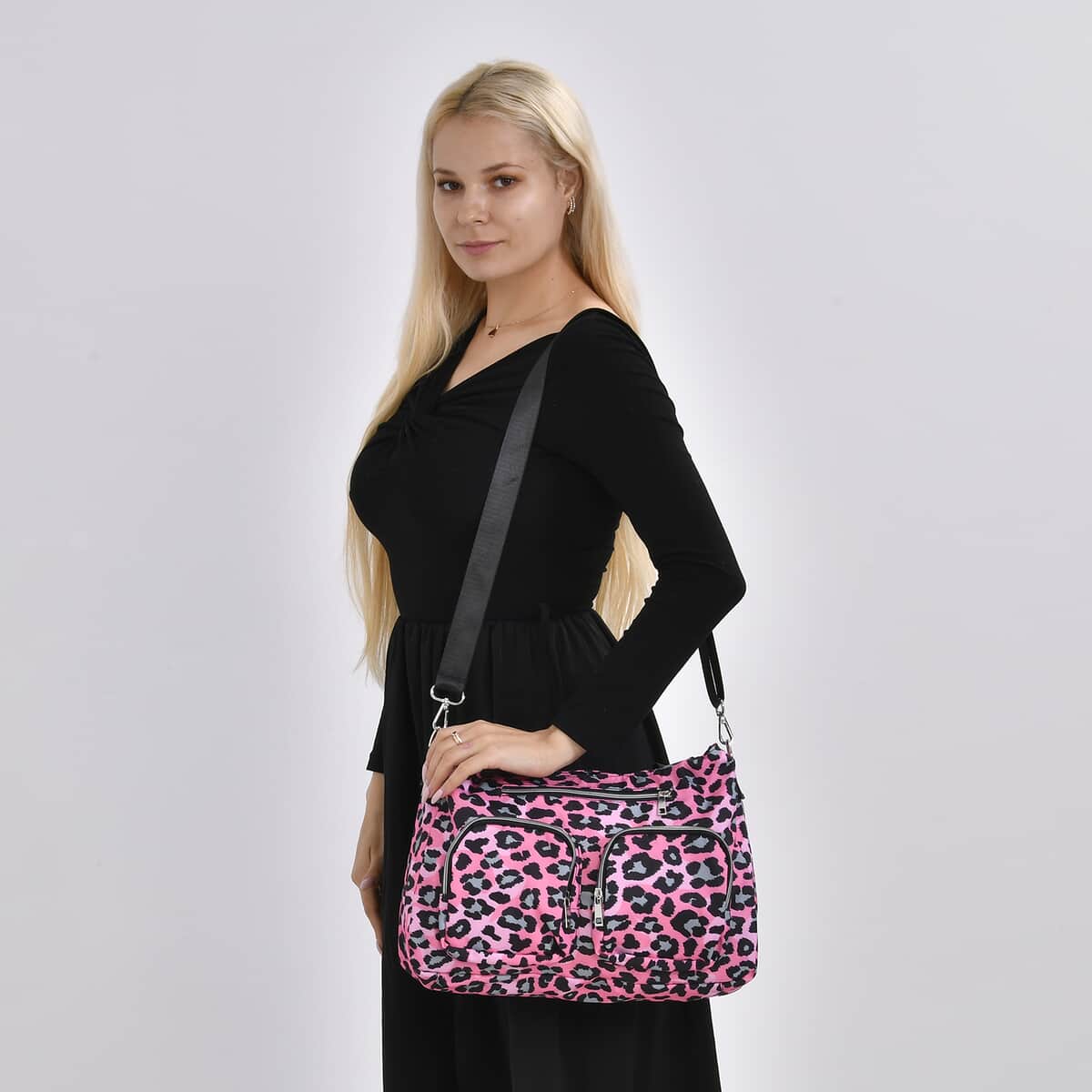 Pink and Gray Leopard Print Pattern CrossBody Bag For Women with Handle Drop Zipper Closure and Detachable Adjustable Shoulder Strap (14.6x3.9x10.6) image number 1