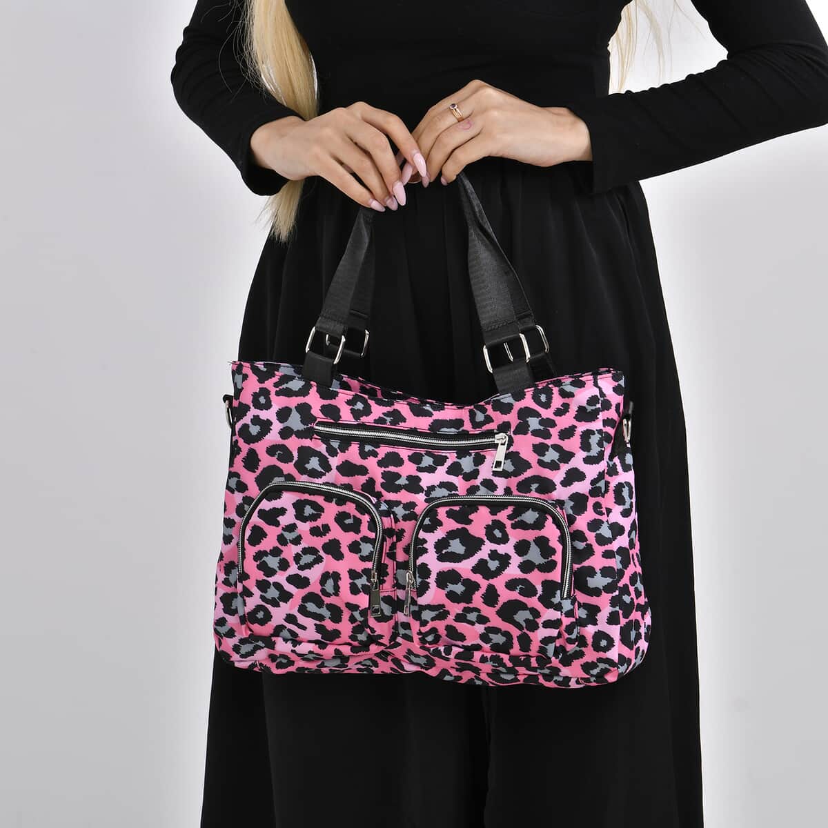 Pink and Gray Leopard Print Pattern CrossBody Bag For Women with Handle Drop Zipper Closure and Detachable Adjustable Shoulder Strap (14.6x3.9x10.6) image number 2