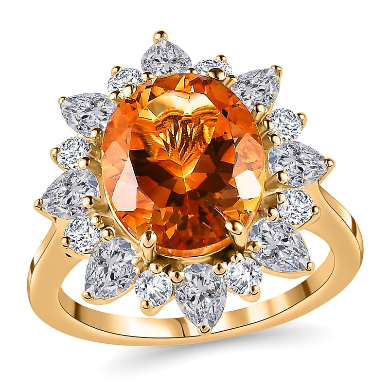 Premium Serra Gaucha Citrine, Moissanite Sunburst Ring in Vermeil YG Over Sterling Silver (Size 10.0) 6.30 ctw