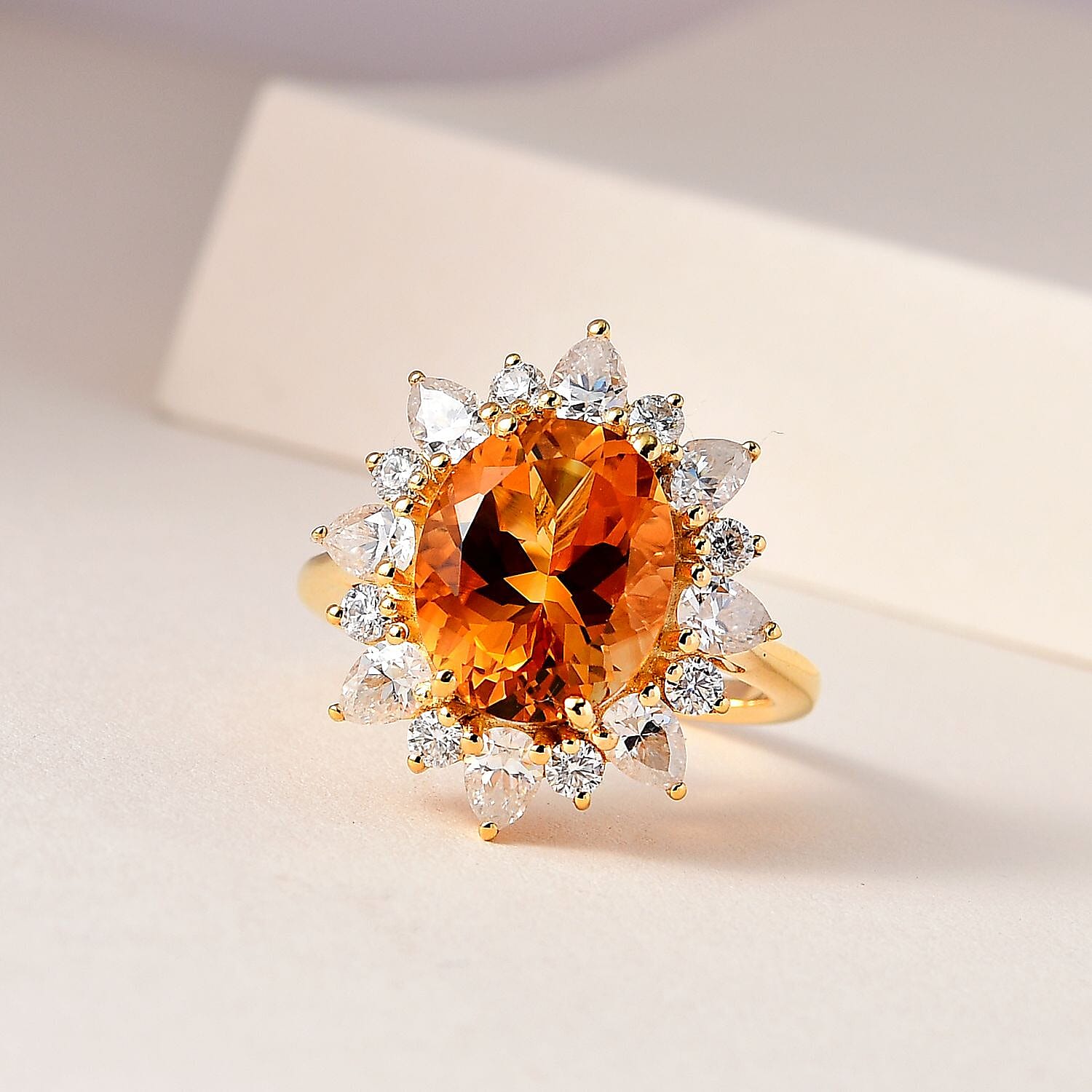 Premium Serra Gaucha Citrine, Moissanite Sunburst Ring in Vermeil YG Over Sterling Silver (Size 10.0) 6.30 ctw