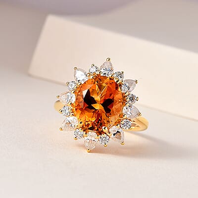 Premium Serra Gaucha Citrine, Moissanite Sunburst Ring in Vermeil YG Over Sterling Silver (Size 10.0) 6.30 ctw