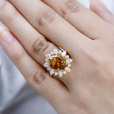 Premium Serra Gaucha Citrine, Moissanite Sunburst Ring in Vermeil YG Over Sterling Silver (Size 10.0) 6.30 ctw