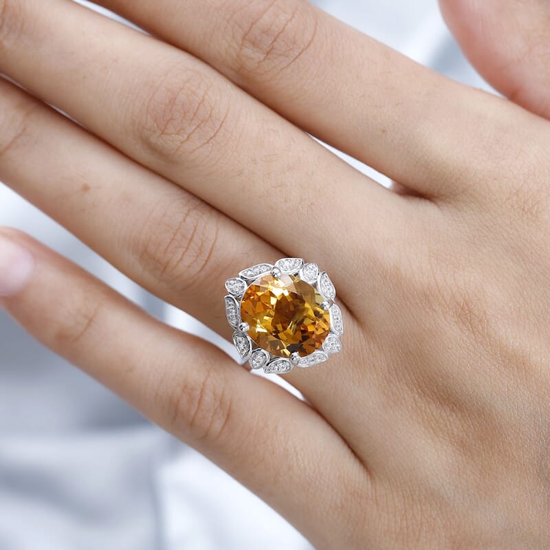 Serra Gaucha Citrine and White Zircon Ring in Platinum Over Sterling Silver (Size 10.0) 7.40 ctw