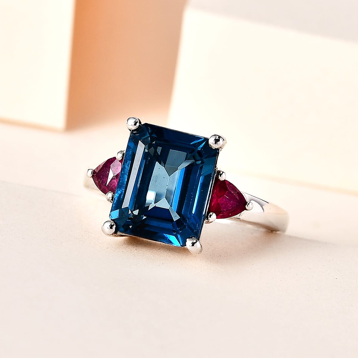 London Blue Topaz and Niassa Ruby (FF) Ring in Platinum Over Sterling Silver (Size 7.0) 6.10 ctw image number 1