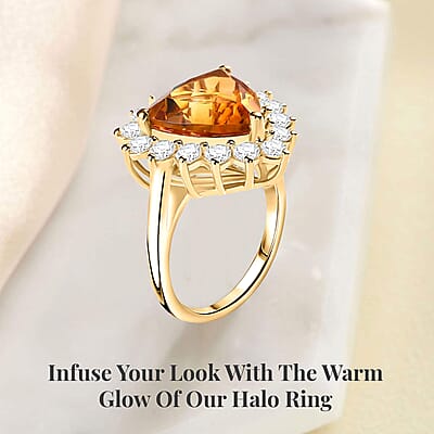 Premium Serra Gaucha Citrine and Moissanite Halo Ring in Vermeil Yellow Gold Over Sterling Silver (Size 10.0) 6.50 ctw
