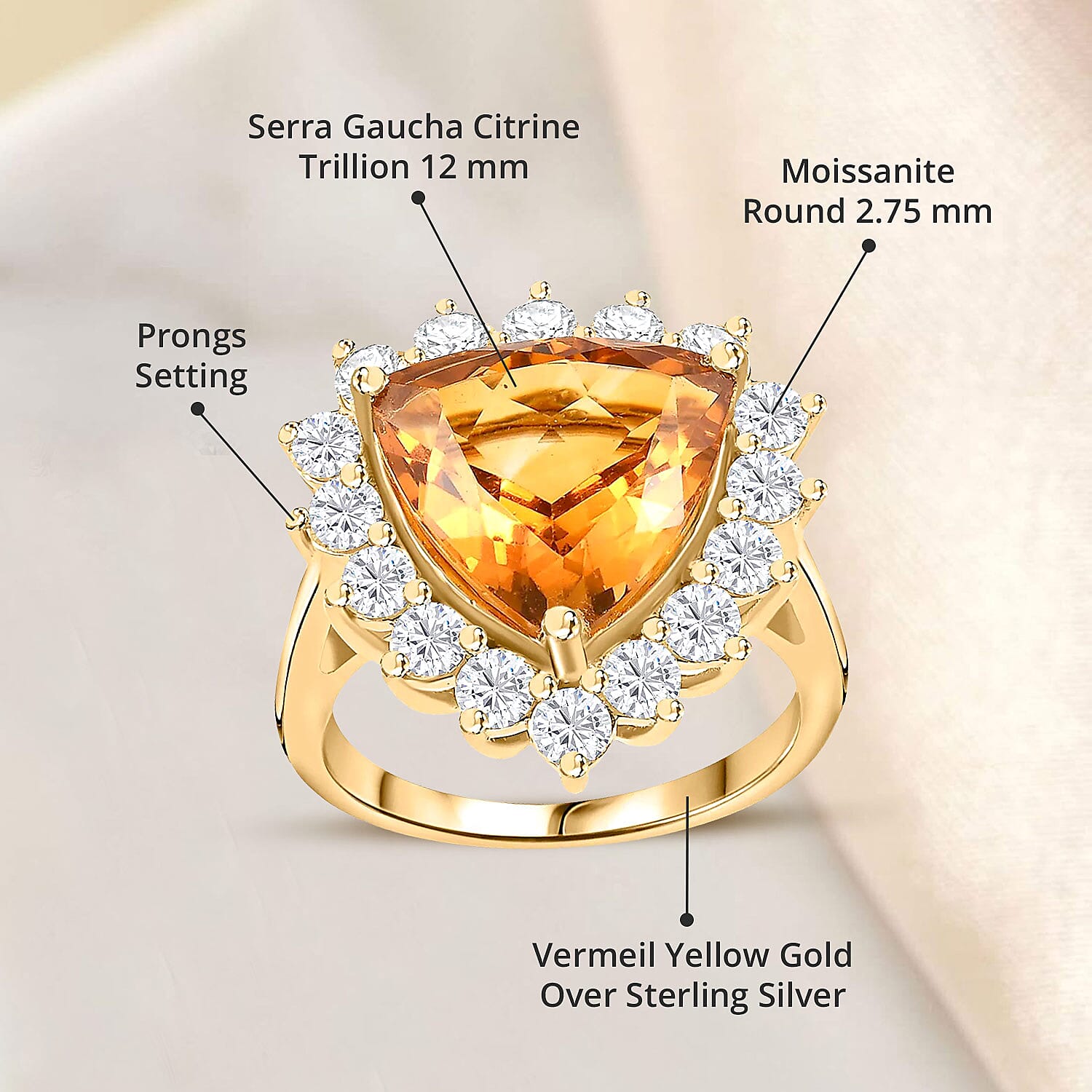 Premium Serra Gaucha Citrine and Moissanite Halo Ring in Vermeil Yellow Gold Over Sterling Silver (Size 10.0) 6.50 ctw