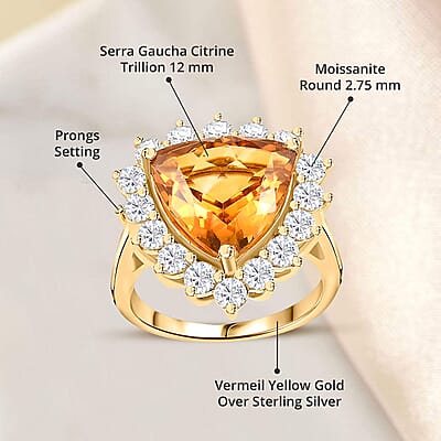 Premium Serra Gaucha Citrine and Moissanite Halo Ring in Vermeil Yellow Gold Over Sterling Silver (Size 10.0) 6.50 ctw