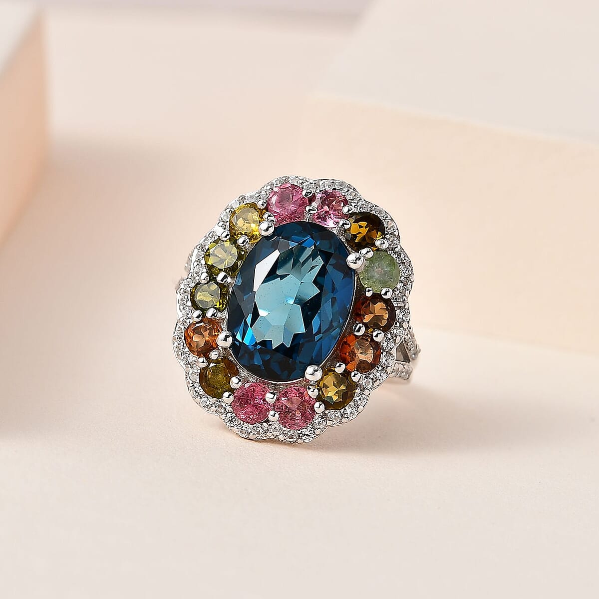 Premium London Blue Topaz, Multi Gemstone Floral Cocktail Statement Ring in Platinum Over Sterling Silver (Size 7.0) 10.60 ctw image number 1