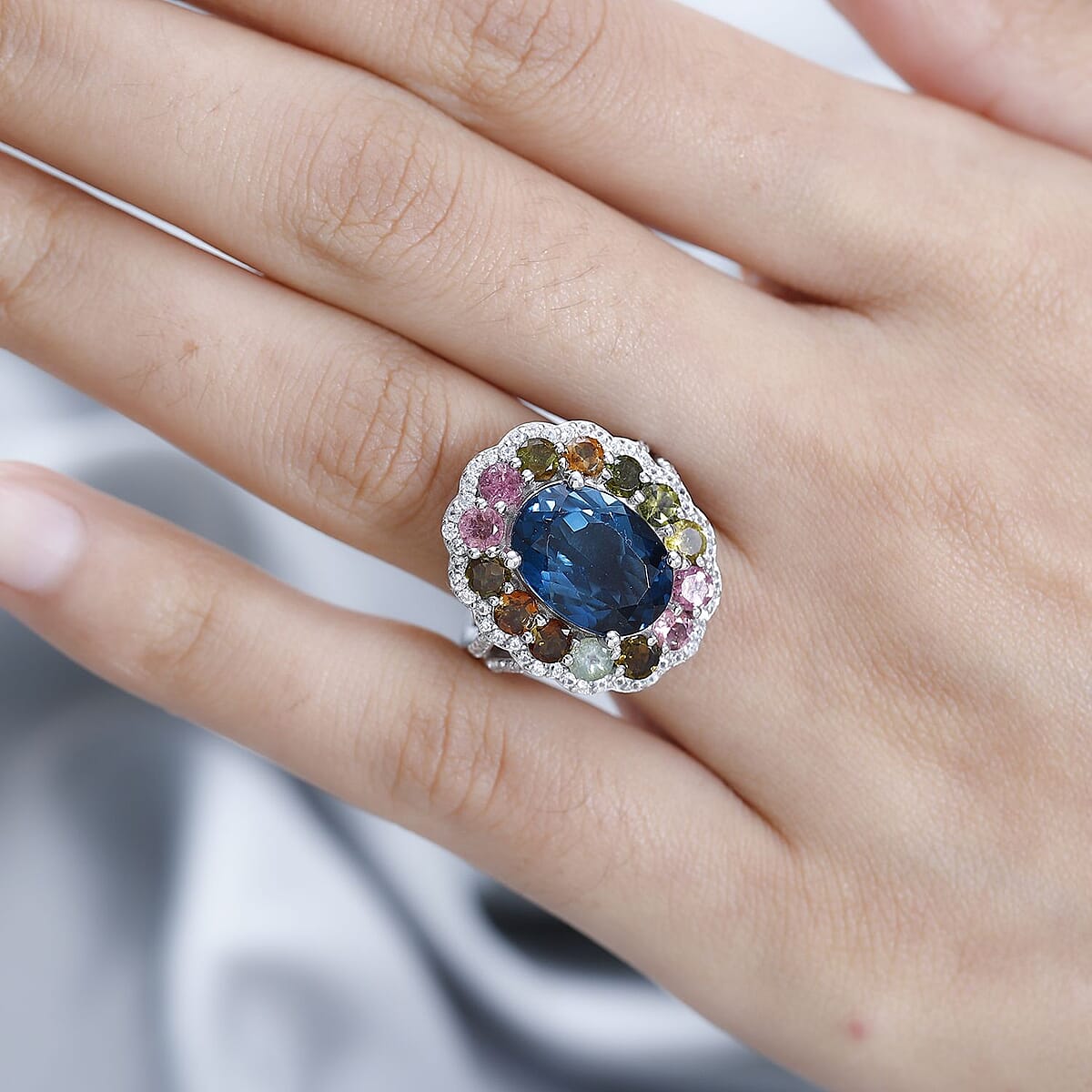 Premium London Blue Topaz, Multi Gemstone Floral Cocktail Statement Ring in Platinum Over Sterling Silver (Size 7.0) 10.60 ctw image number 2