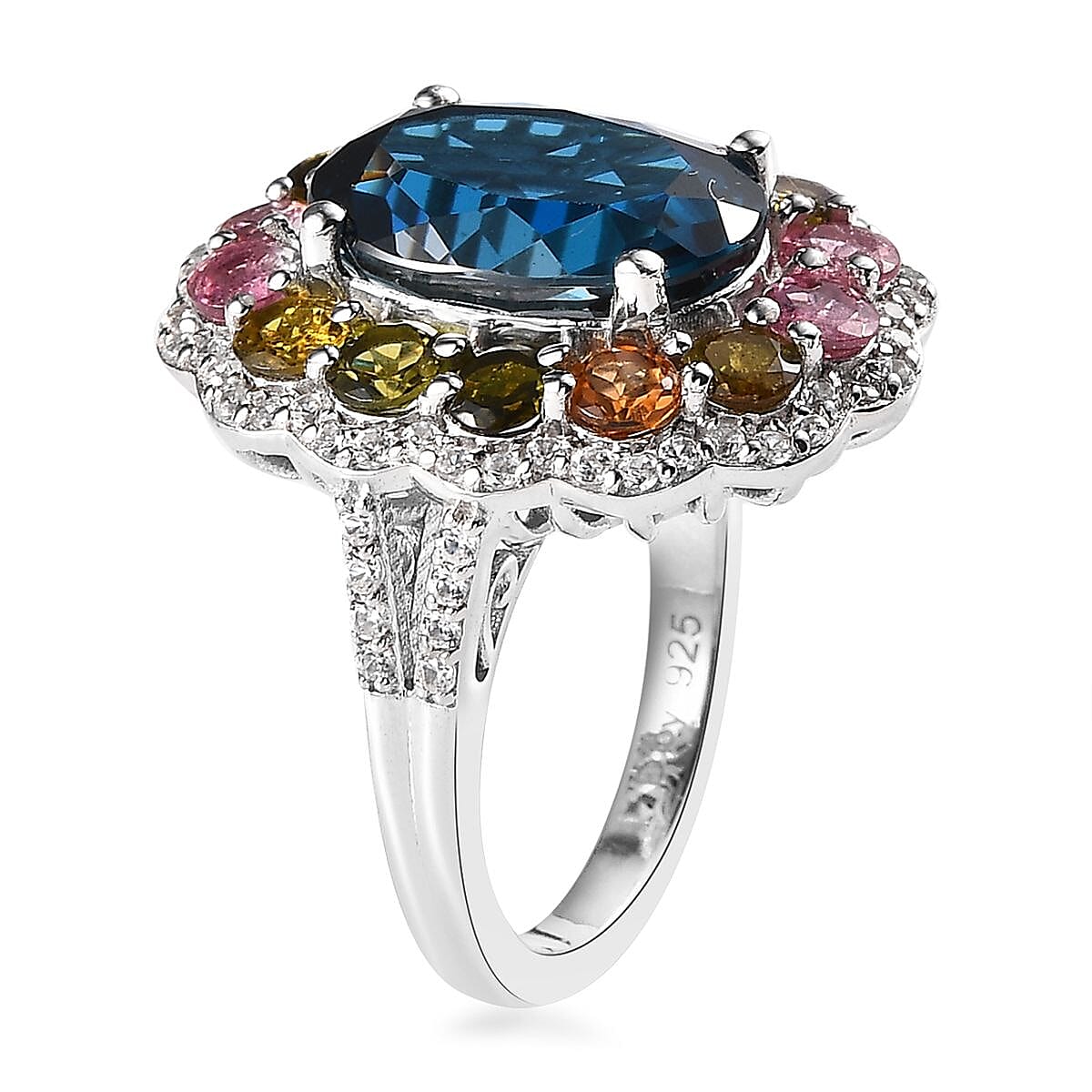 Premium London Blue Topaz, Multi Gemstone Floral Cocktail Statement Ring in Platinum Over Sterling Silver (Size 7.0) 10.60 ctw image number 3