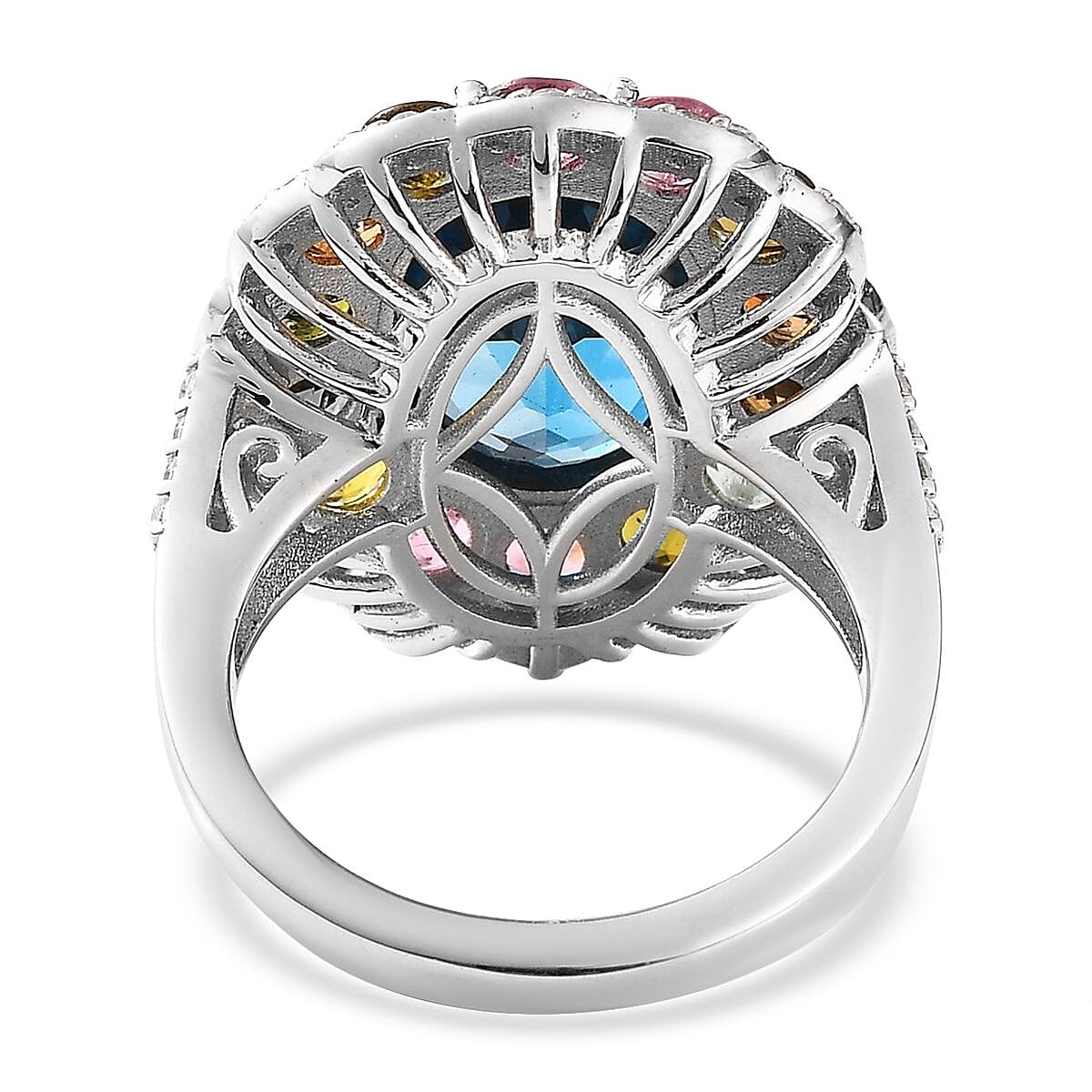 Premium London Blue Topaz, Multi Gemstone Floral Cocktail Statement Ring in Platinum Over Sterling Silver (Size 7.0) 10.60 ctw image number 4