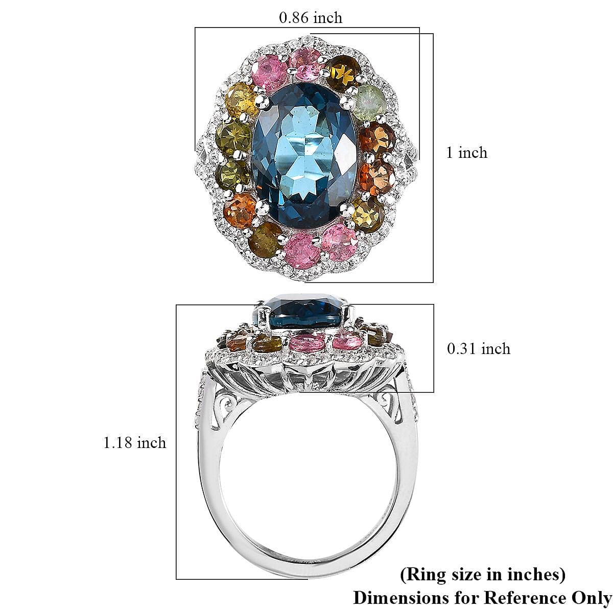Premium London Blue Topaz, Multi Gemstone Floral Cocktail Statement Ring in Platinum Over Sterling Silver (Size 7.0) 10.60 ctw image number 5