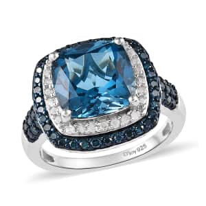 Doorbuster London Blue Topaz, Blue and White Diamond Cocktail Ring in Platinum Over Sterling Silver (Size 10.0) 5.85 ctw
