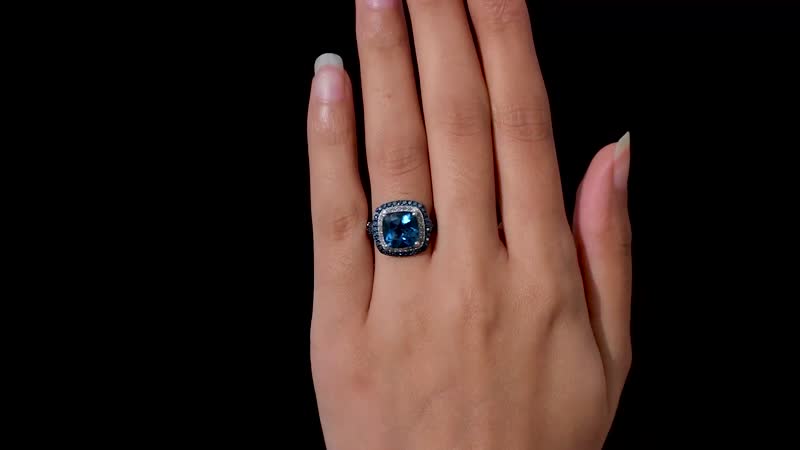 London Blue Topaz, Blue and White Diamond Ring in Platinum Over Sterling Silver 5.85 ctw