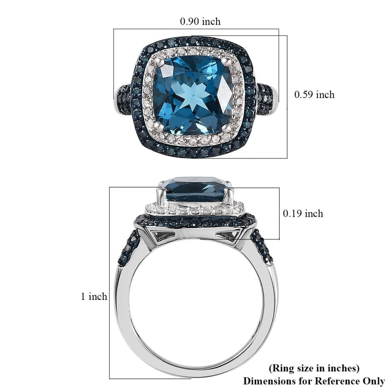 London Blue Topaz, Blue Diamond (IR), Diamond (0.70 cts) Cocktail Ring in Platinum Over Sterling Silver (Size 10.0) 5.85 ctw