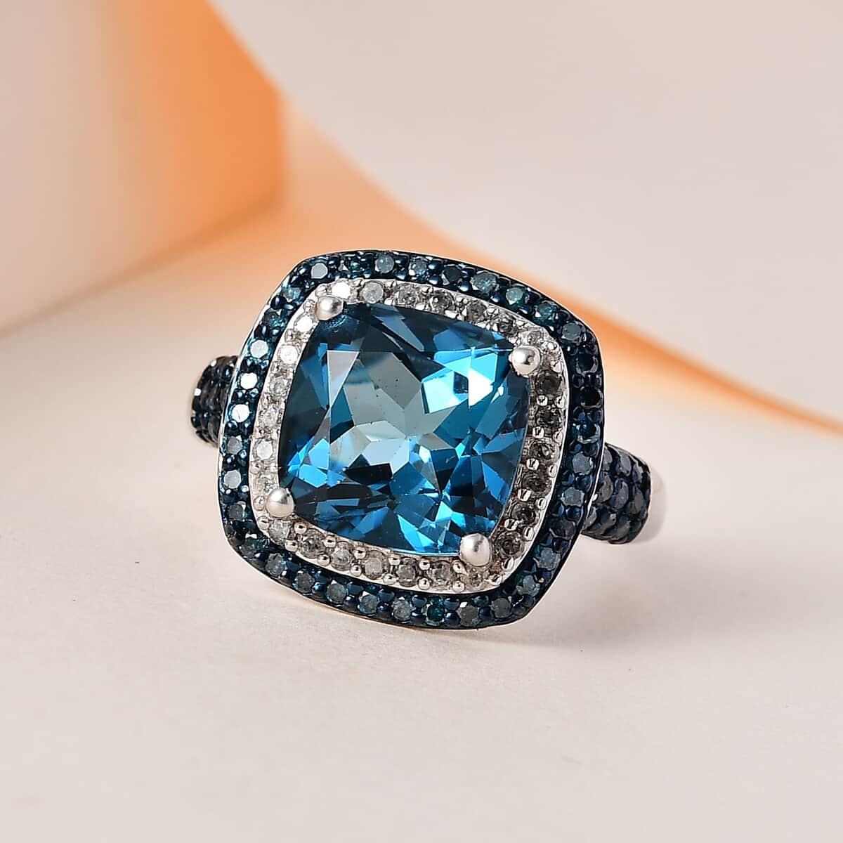 London Blue Topaz, Blue and White Diamond Cocktail Ring in Platinum Over Sterling Silver (Size 7.0) 5.85 ctw image number 1