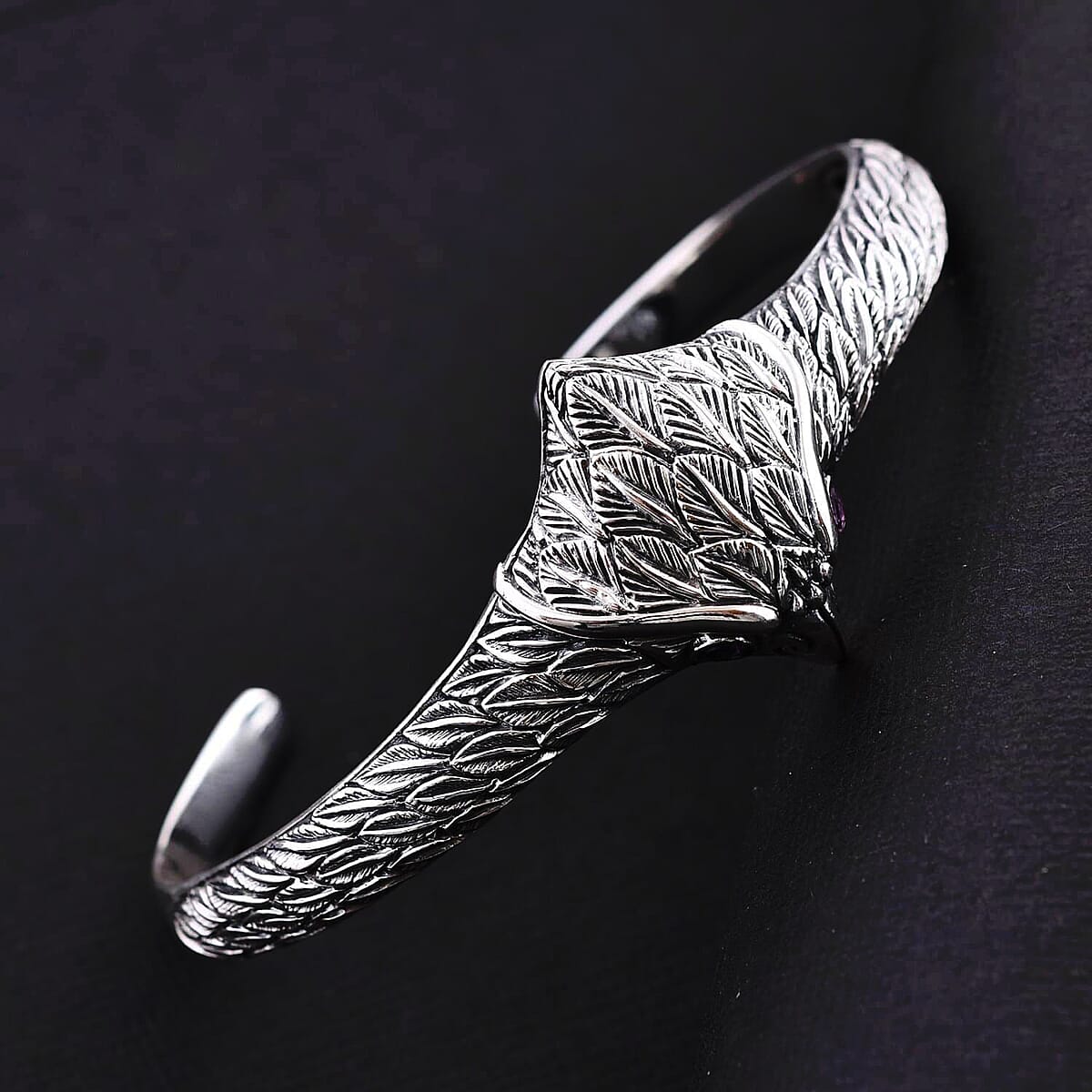 Bali Legacy African Amethyst Owl Cuff Bracelet in Sterling Silver (7.25 In) 23.30 Grams 0.25 ctw image number 1