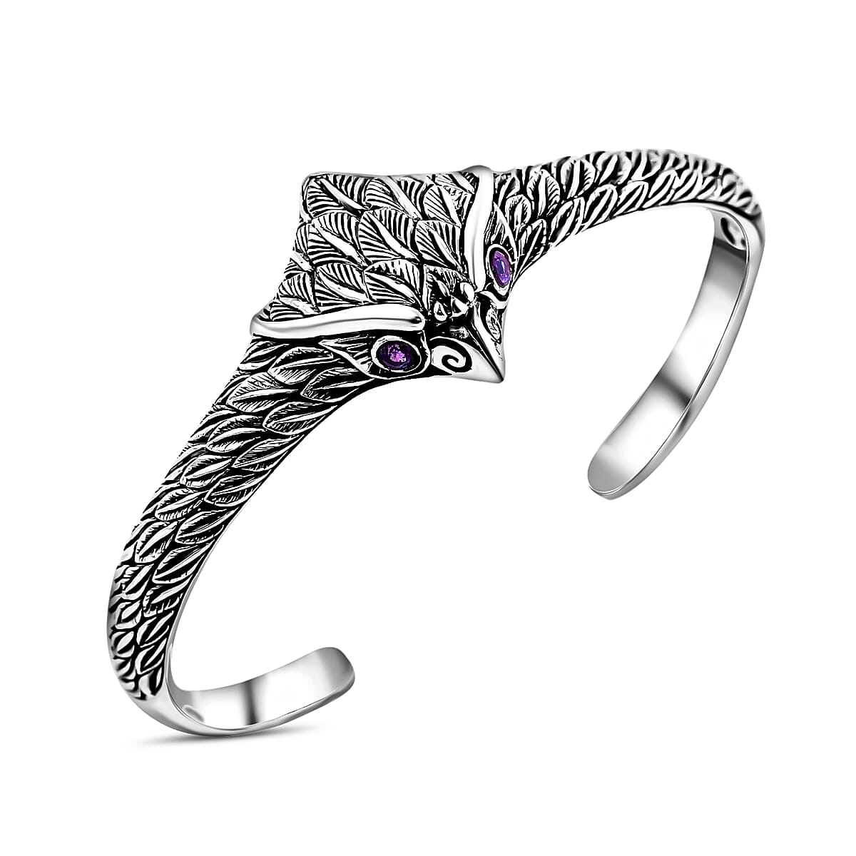 Bali Legacy African Amethyst Owl Cuff Bracelet in Sterling Silver (7.25 In) 23.30 Grams 0.25 ctw image number 3