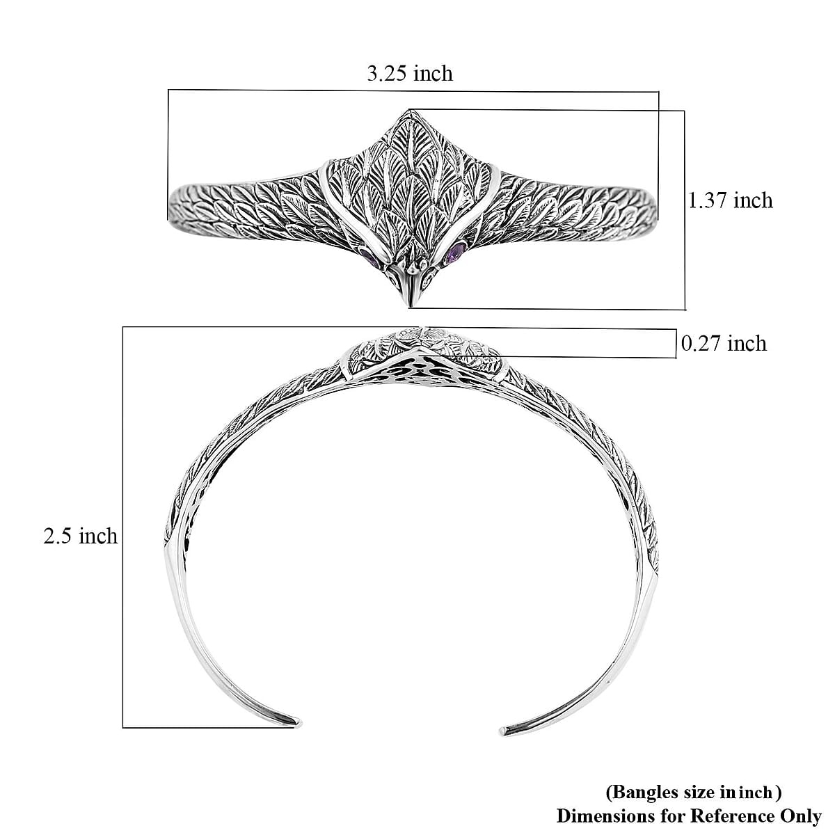 Bali Legacy African Amethyst Owl Cuff Bracelet in Sterling Silver (7.25 In) 23.30 Grams 0.25 ctw image number 5