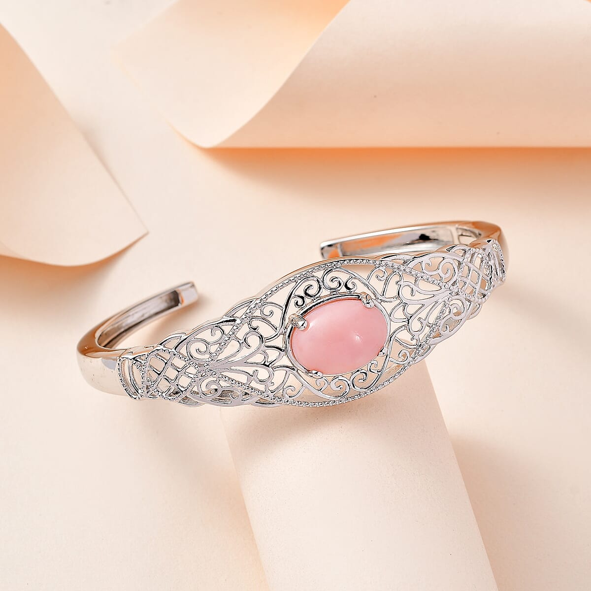 Karis Peruvian Pink Opal Cuff Bracelet in Platinum Bond (6.50 in) 4.75 ctw (Del. in 3-5 Days) image number 1