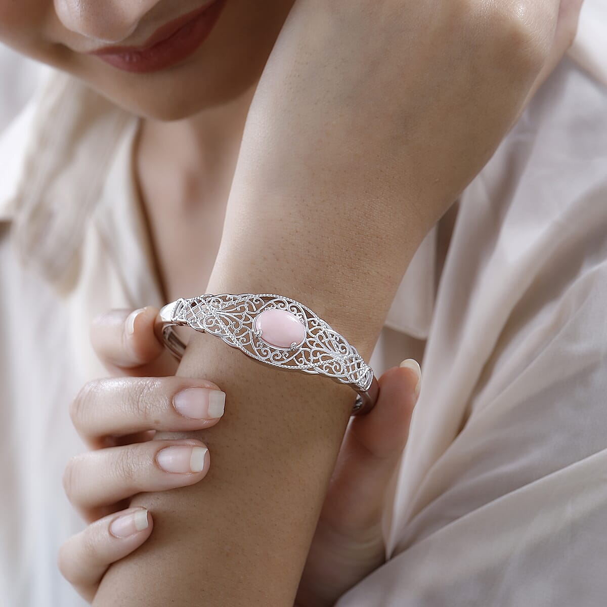 Karis Peruvian Pink Opal Cuff Bracelet in Platinum Bond (6.50 in) 4.75 ctw (Del. in 3-5 Days) image number 2