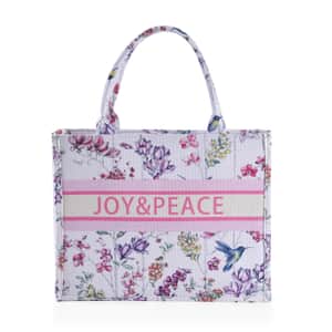 White with Multi Color Flower Printed Hand Washable Tote Bag For Women With Zipper Closure and Handle Drop (17x6.3x13.8)