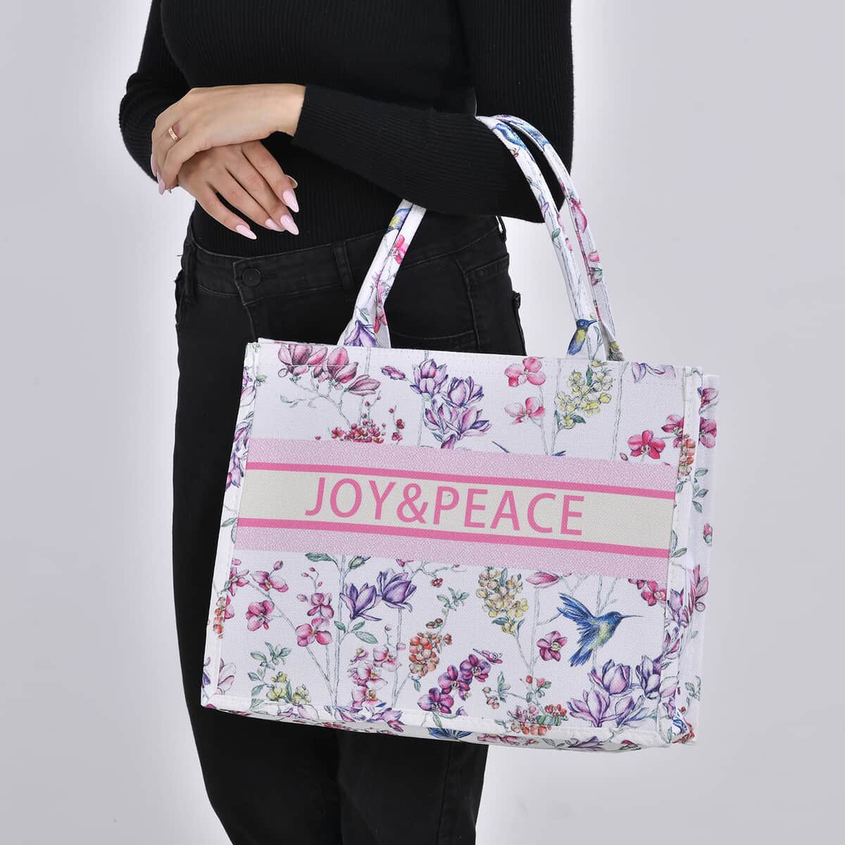 White with Multi Color Flower Printed Hand Washable Tote Bag For Women With Zipper Closure and Handle Drop (17x6.3x13.8) image number 2