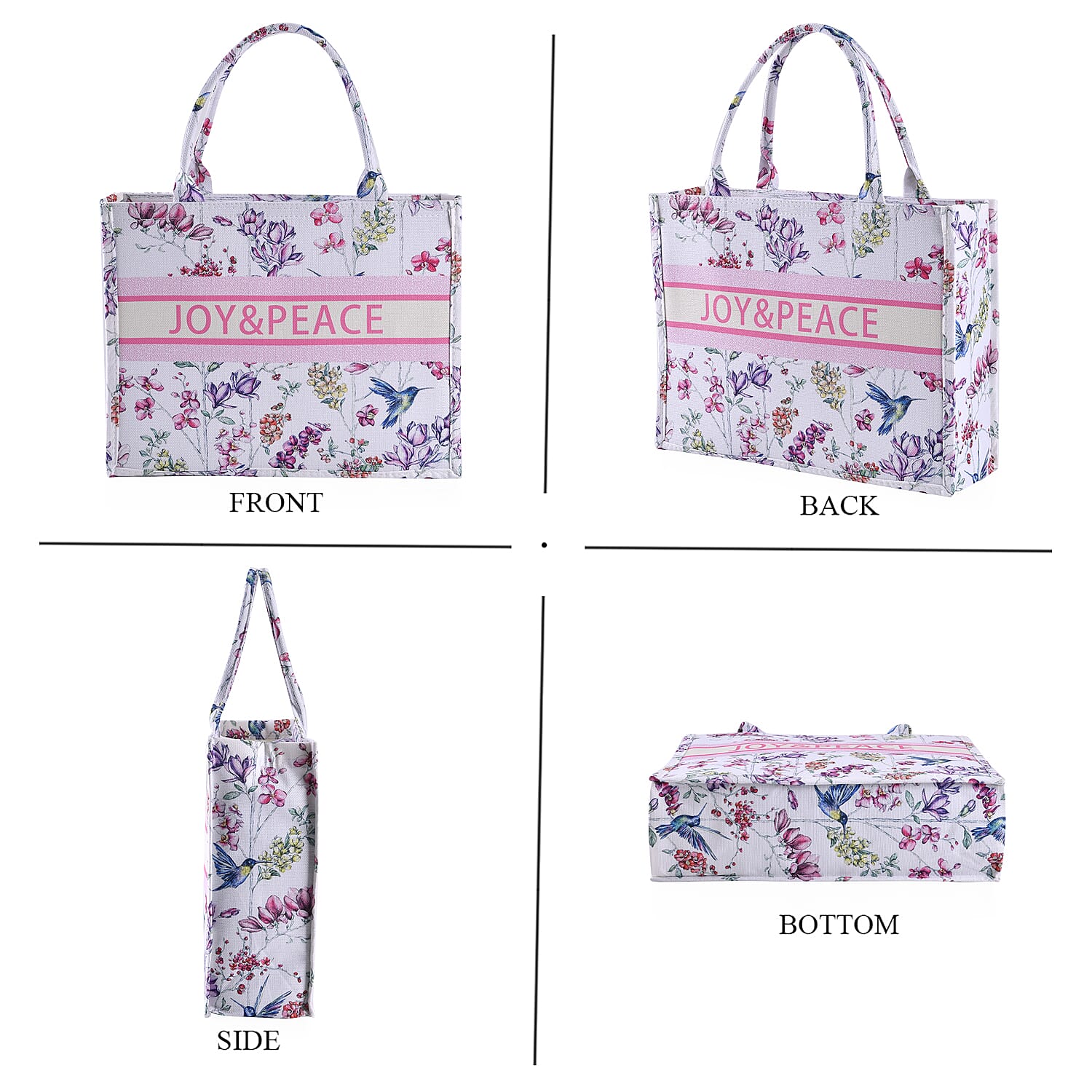 White with Multi Color Flower Printed Hand Washable Tote Bag For Women With Zipper Closure and Handle Drop (17x6.3x13.8)