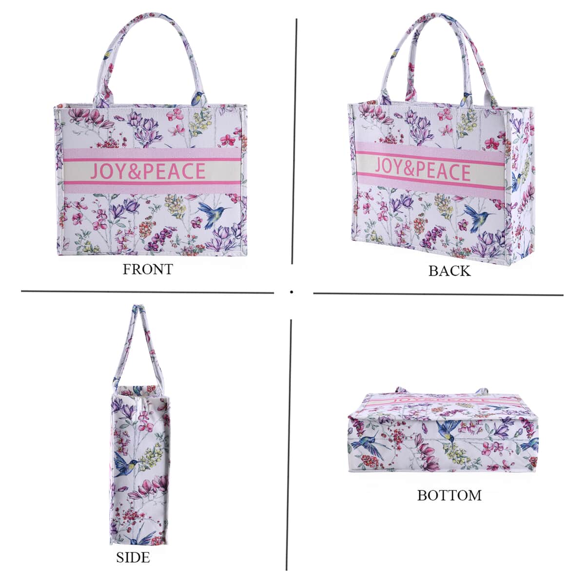 White with Multi Color Flower Printed Hand Washable Tote Bag For Women With Zipper Closure and Handle Drop (17x6.3x13.8) image number 3