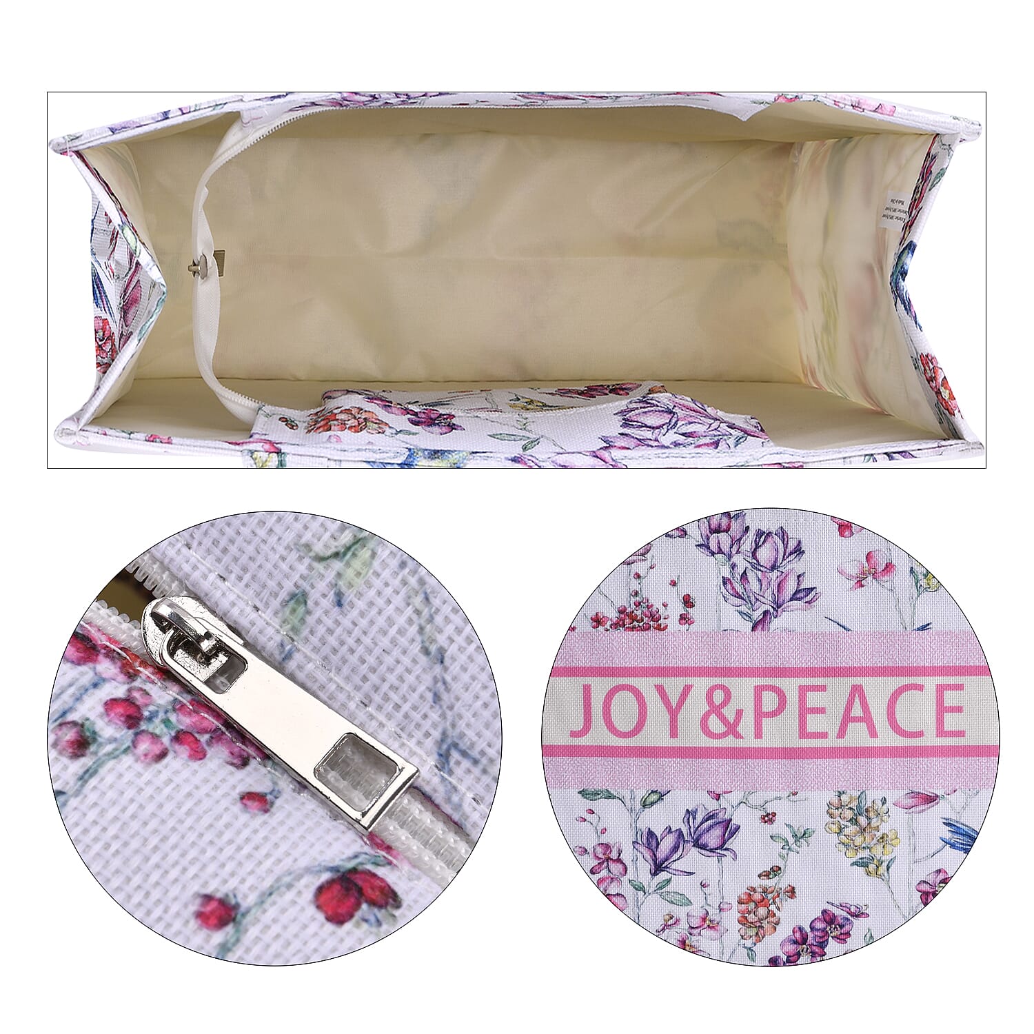 White with Multi Color Flower Printed Hand Washable Tote Bag For Women With Zipper Closure and Handle Drop (17x6.3x13.8)