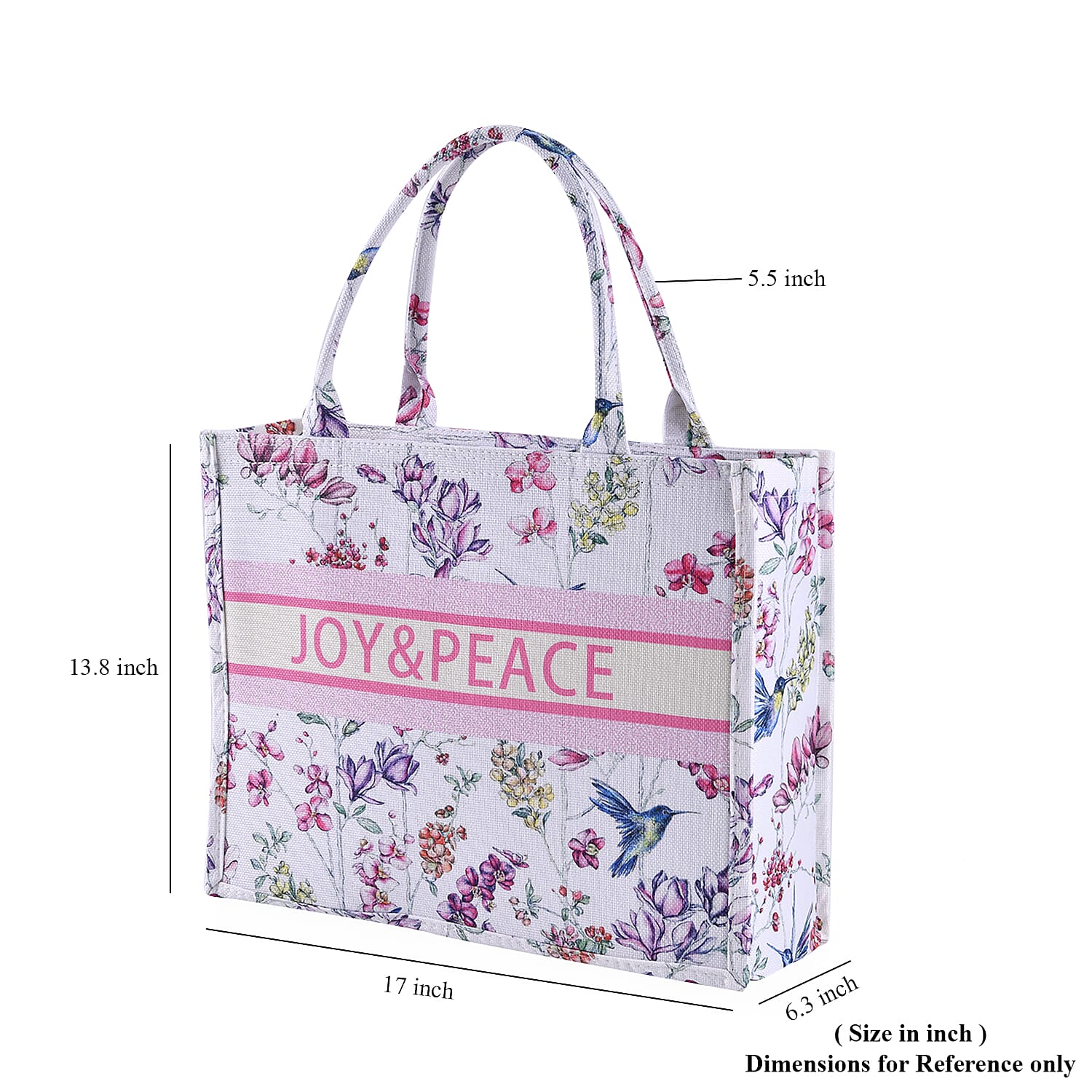 White with Multi Color Flower Printed Hand Washable Tote Bag For Women With Zipper Closure and Handle Drop (17x6.3x13.8)