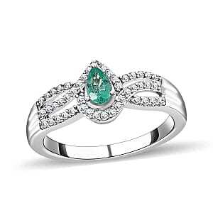 AAA Emerald and White Zircon 0.65 ctw Ring in Platinum Over Sterling Silver (Size 11.5)