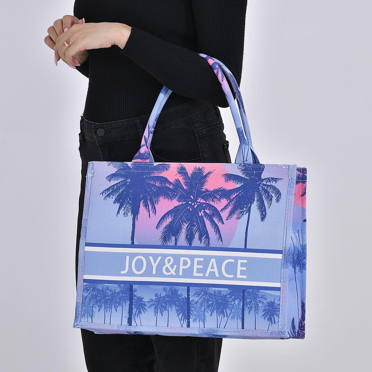 Blue with Sunset Printed Hand Washable Tote Bag For Women With Zipper Closure and Handle Drop (17x6.3x13.8) image number 2