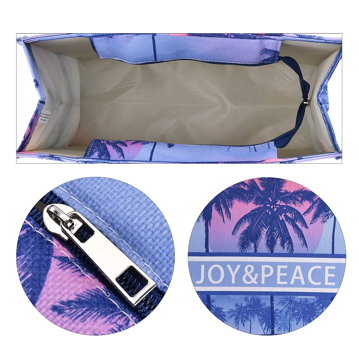 Blue with Sunset Printed Hand Washable Tote Bag For Women With Zipper Closure and Handle Drop (17x6.3x13.8) image number 5