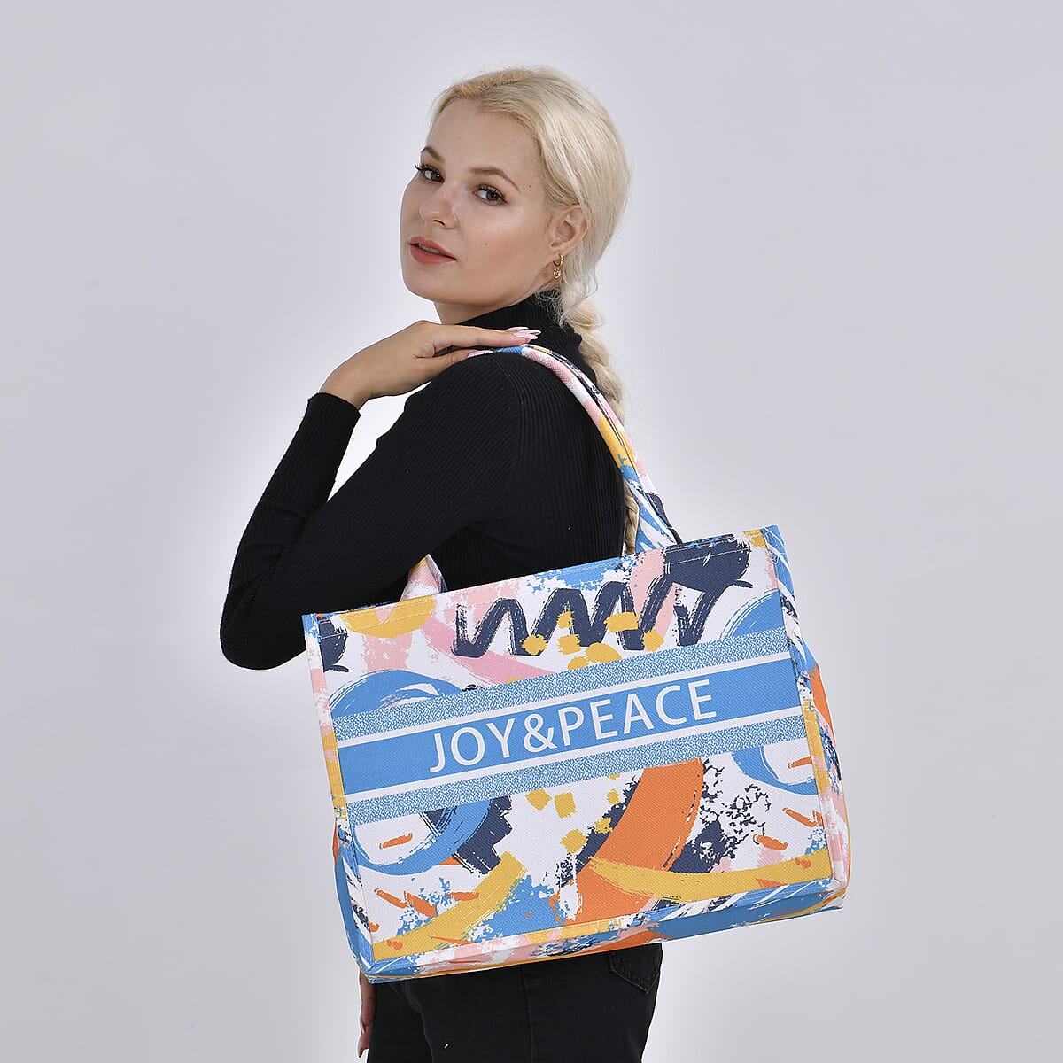 White with Multi Color Printed Hand Washable Tote Bag For Women With Zipper Closure and Handle Drop (17x6.3x13.8) image number 1