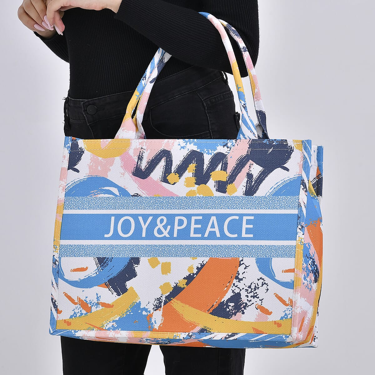 White with Multi Color Printed Hand Washable Tote Bag For Women With Zipper Closure and Handle Drop (17x6.3x13.8) image number 2