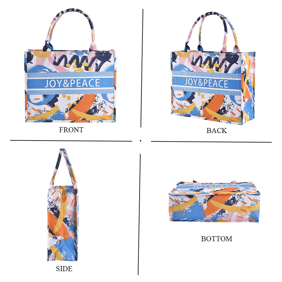 White with Multi Color Printed Hand Washable Tote Bag For Women With Zipper Closure and Handle Drop (17x6.3x13.8) image number 3