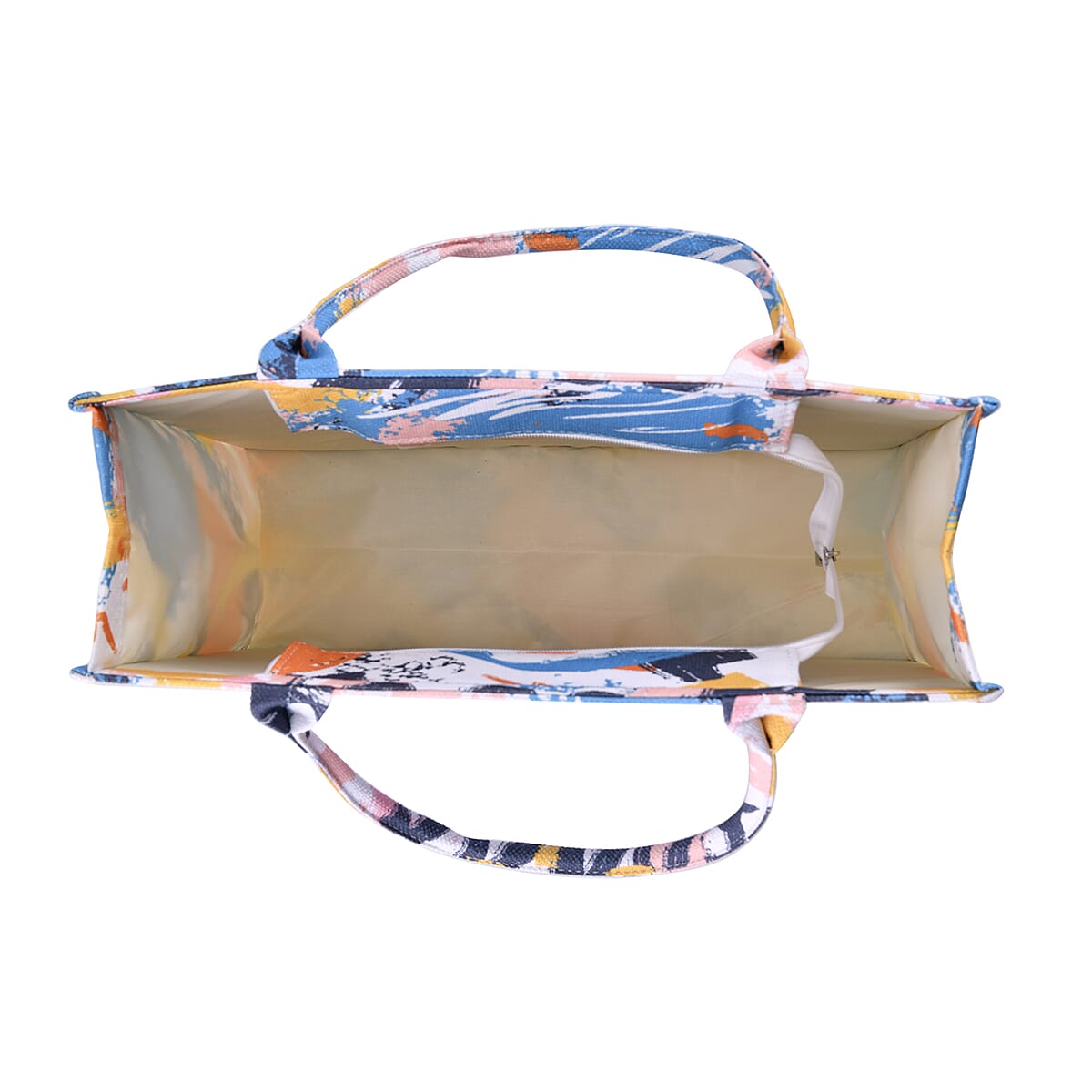 White with Multi Color Printed Hand Washable Tote Bag For Women With Zipper Closure and Handle Drop (17x6.3x13.8) image number 4