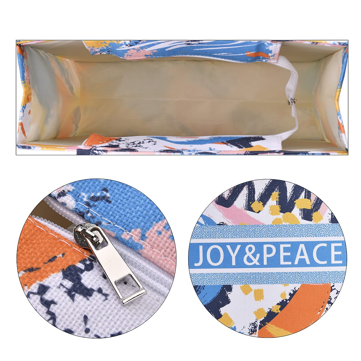 White with Multi Color Printed Hand Washable Tote Bag For Women With Zipper Closure and Handle Drop (17x6.3x13.8) image number 5