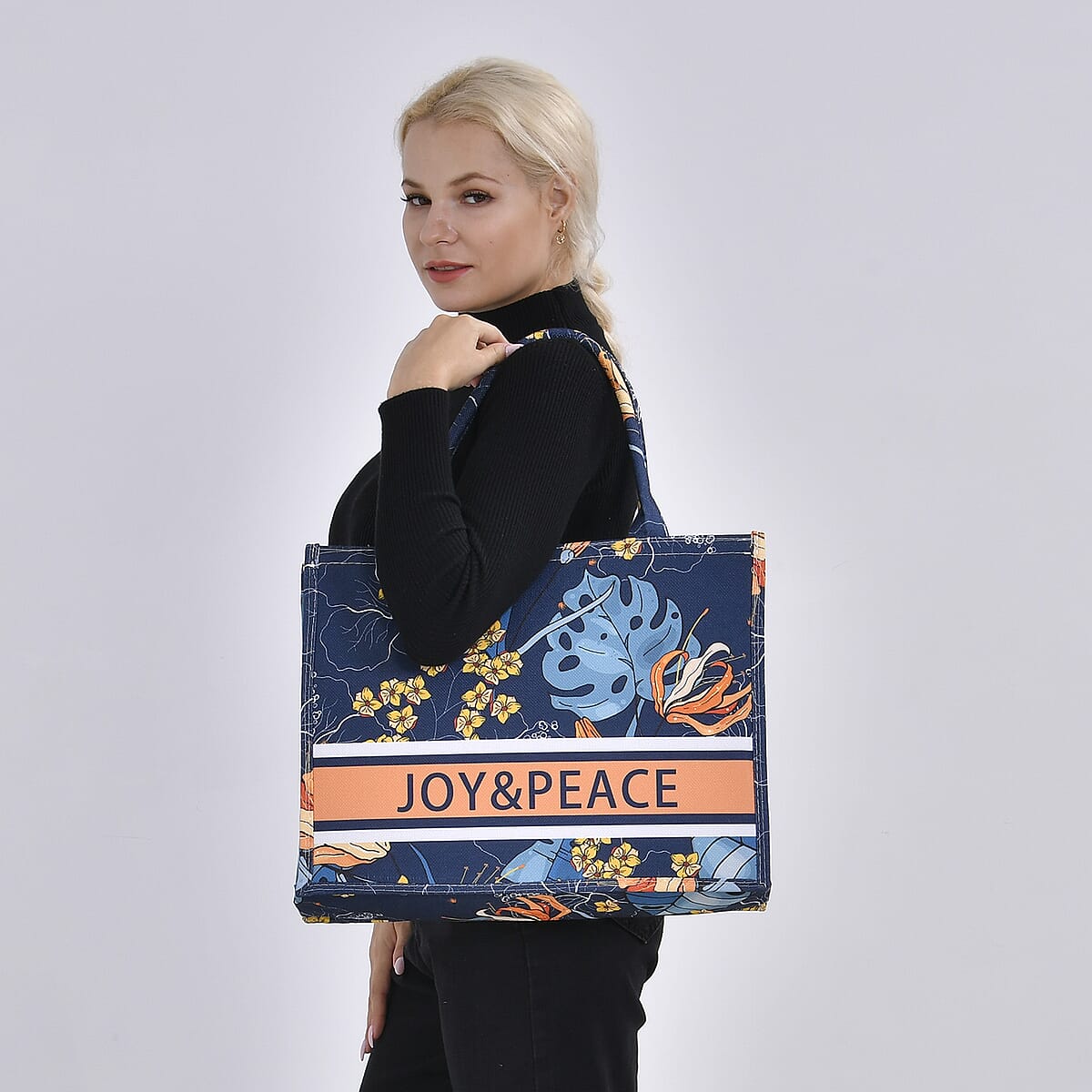 Navy with Multi Color Leaves Printed Hand Washable Tote Bag For Women With Zipper Closure and Handle Drop (17x6.3x13.8) image number 1