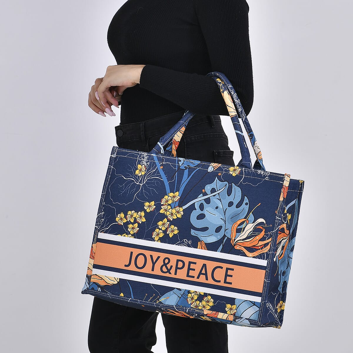 Navy with Multi Color Leaves Printed Hand Washable Tote Bag For Women With Zipper Closure and Handle Drop (17x6.3x13.8) image number 2