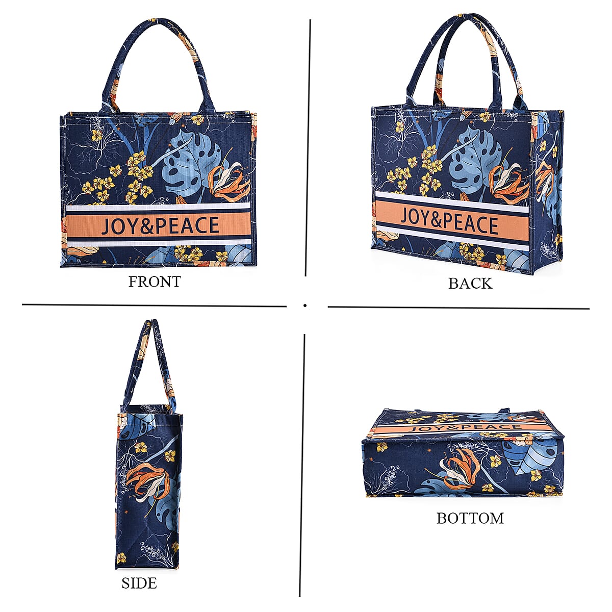 Navy with Multi Color Leaves Printed Hand Washable Tote Bag For Women With Zipper Closure and Handle Drop (17x6.3x13.8) image number 3