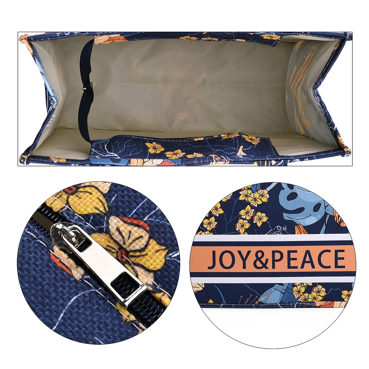 Navy with Multi Color Leaves Printed Hand Washable Tote Bag For Women With Zipper Closure and Handle Drop (17x6.3x13.8) image number 5