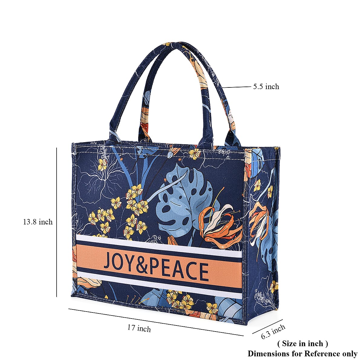 Navy with Multi Color Leaves Printed Hand Washable Tote Bag For Women With Zipper Closure and Handle Drop (17x6.3x13.8) image number 6