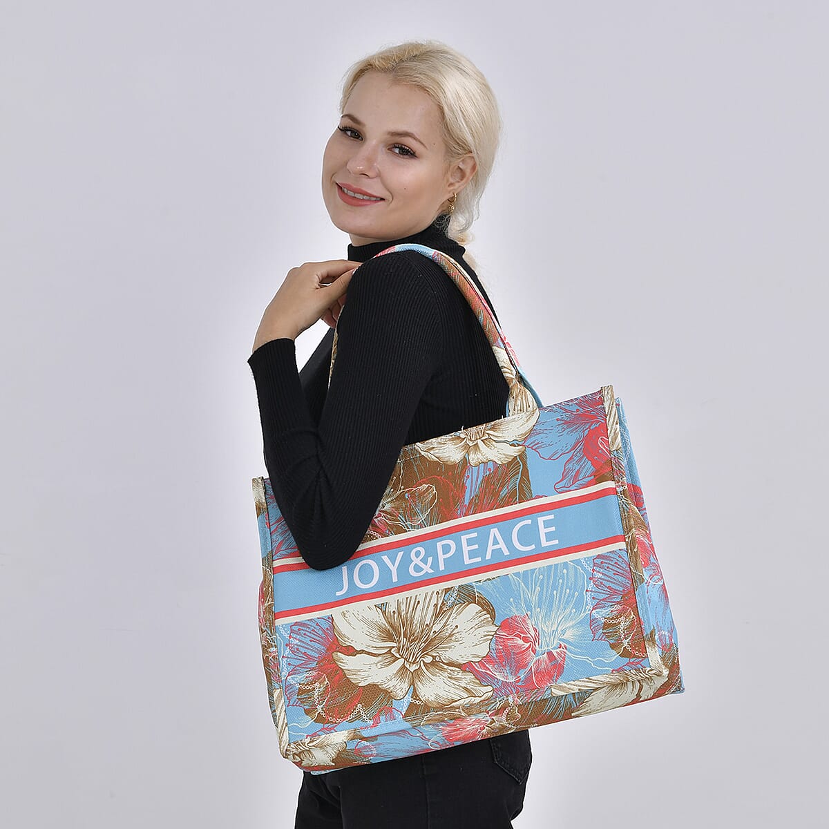 Light Blue with Multi Floral Printed Hand Washable Tote Bag For Women With Zipper Closure and Handle Drop (17x6.3x13.8) image number 1