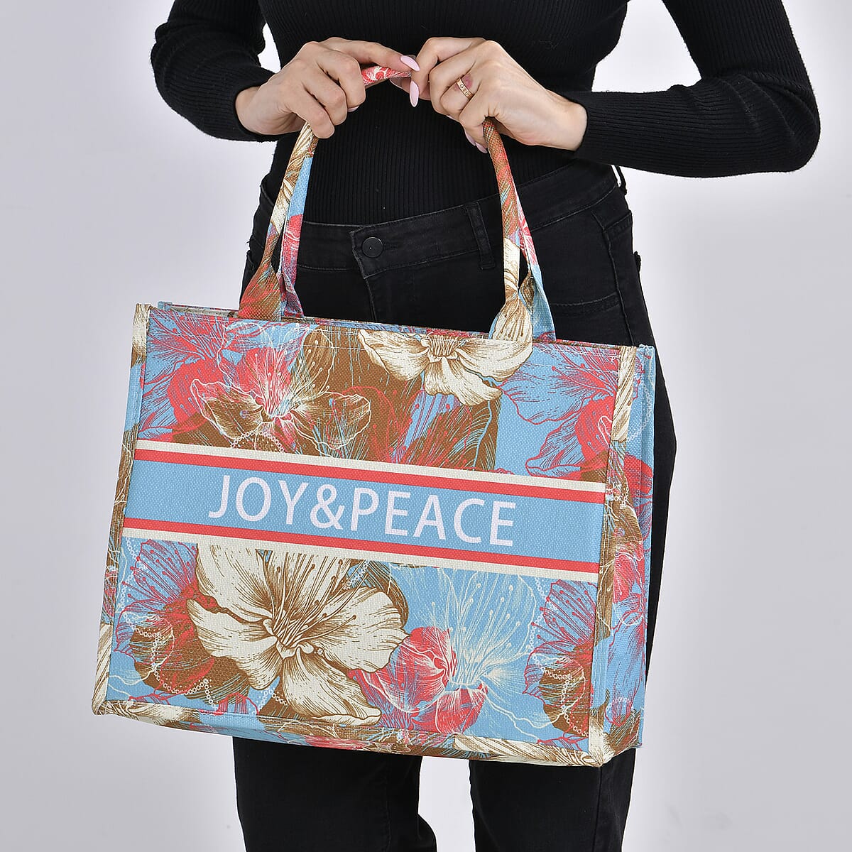 Light Blue with Multi Floral Printed Hand Washable Tote Bag For Women With Zipper Closure and Handle Drop (17x6.3x13.8) image number 2