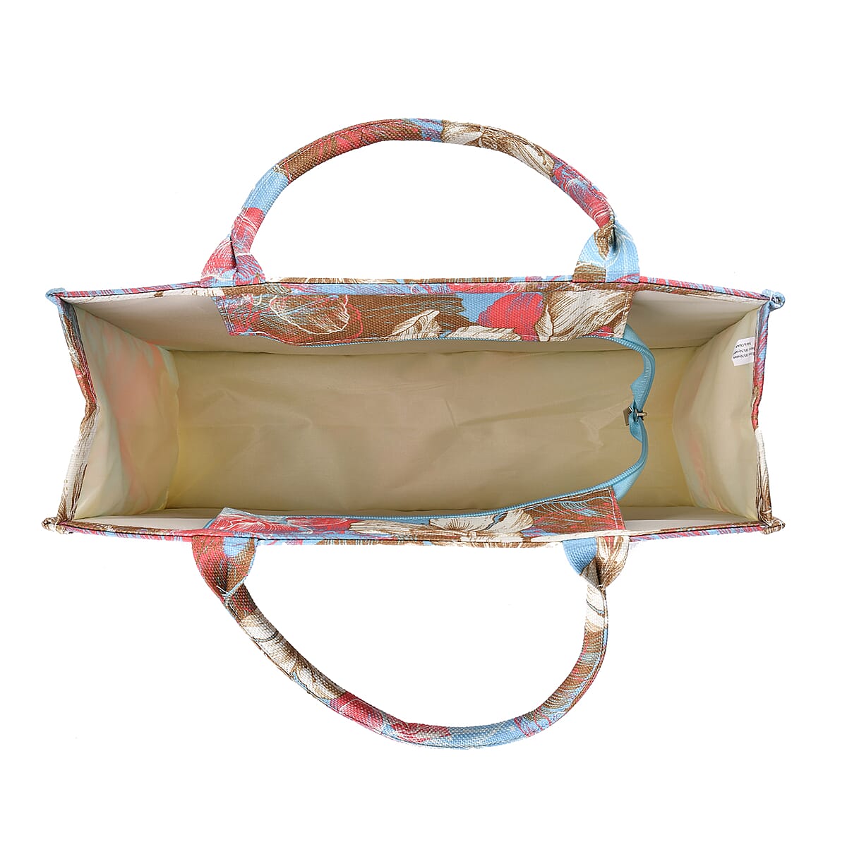 Light Blue with Multi Floral Printed Hand Washable Tote Bag For Women With Zipper Closure and Handle Drop (17x6.3x13.8) image number 4